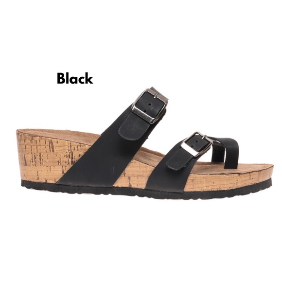 Cross Strap Black Footbed Wedge Sandals - Picture 3 of 4